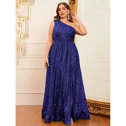 Plus Size One Shoulder Sequined Evening Gown