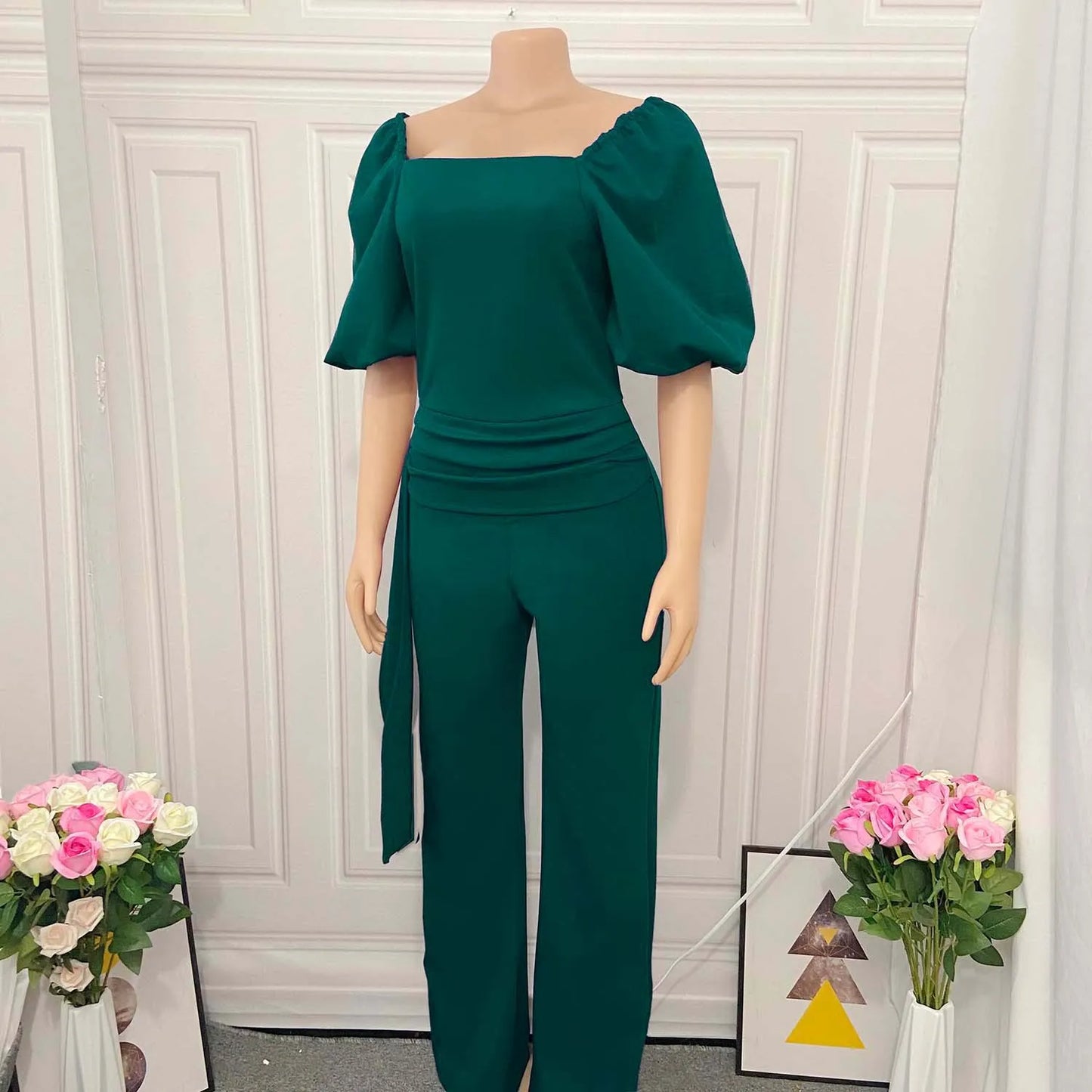 Elegant Square Neck Lantern Sleeve Big Swing Straight Jumpsuit