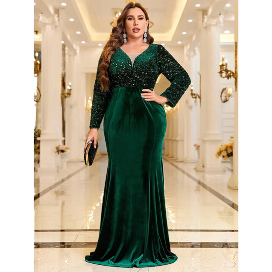 Plus Size Velvet Glitter V-Neck Long Sleeve Dress