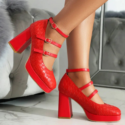 Closed Toe Block High Heels Buckle Belt Mary Janes Platform Heel