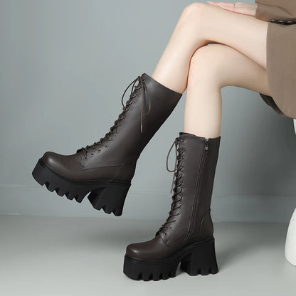 Square Chunky High Heels Lace-up Mid-calf Platform Boots