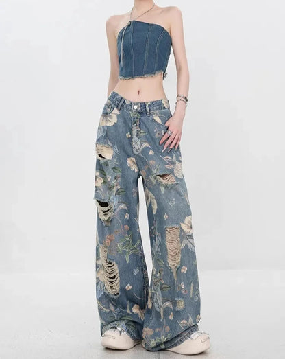 Vintage Floral Print Loose Stylish Ripped Jeans