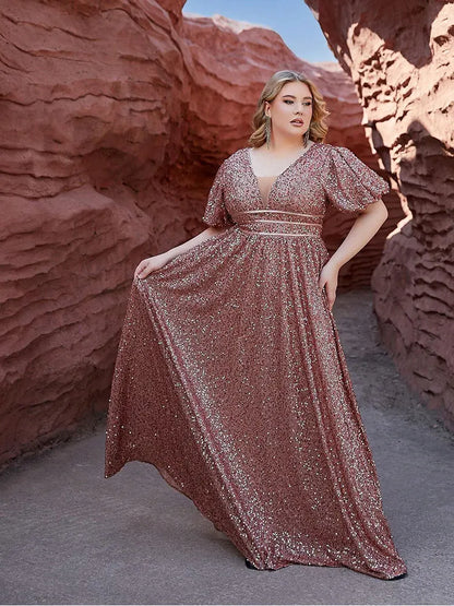 Plus Size V-Neck Short Sleeve Sequin Floor-Length Evening Dress