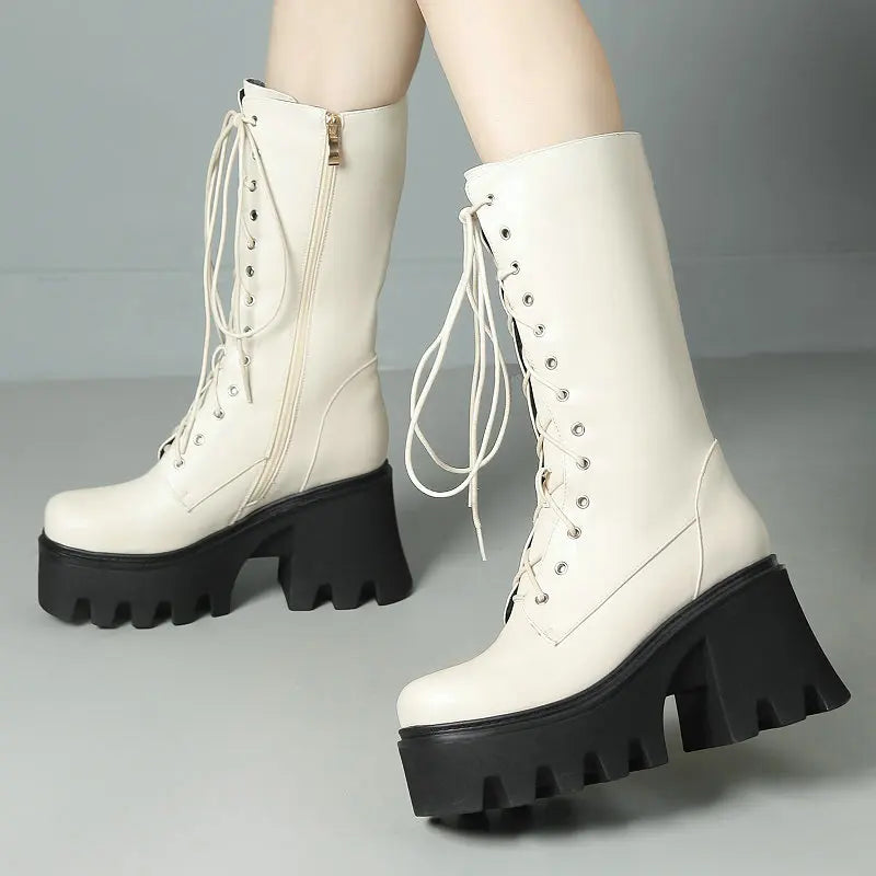 Square Chunky High Heels Lace-up Mid-calf Platform Boots