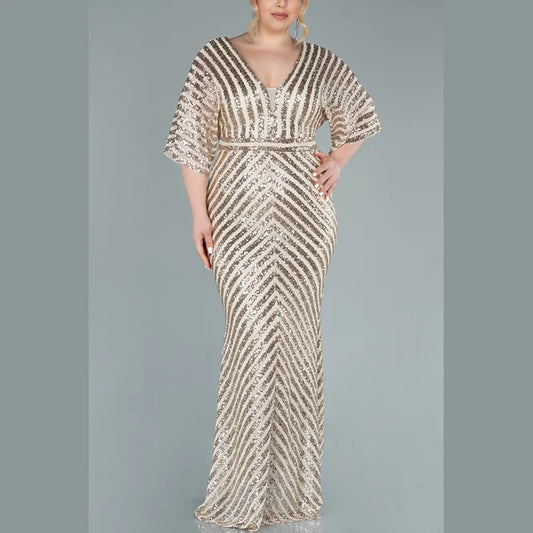 Plus Size V Neck Horizontal Stripes Sequins Luxury Dress