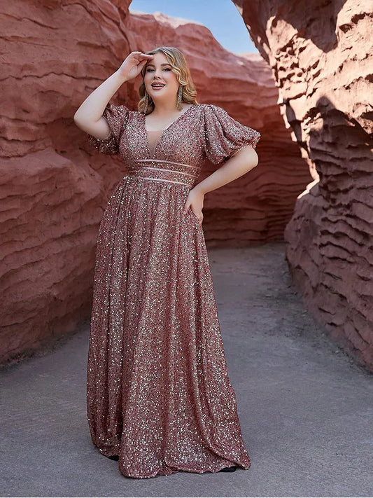 Plus Size V-Neck Short Sleeve Sequin Floor-Length Evening Dress