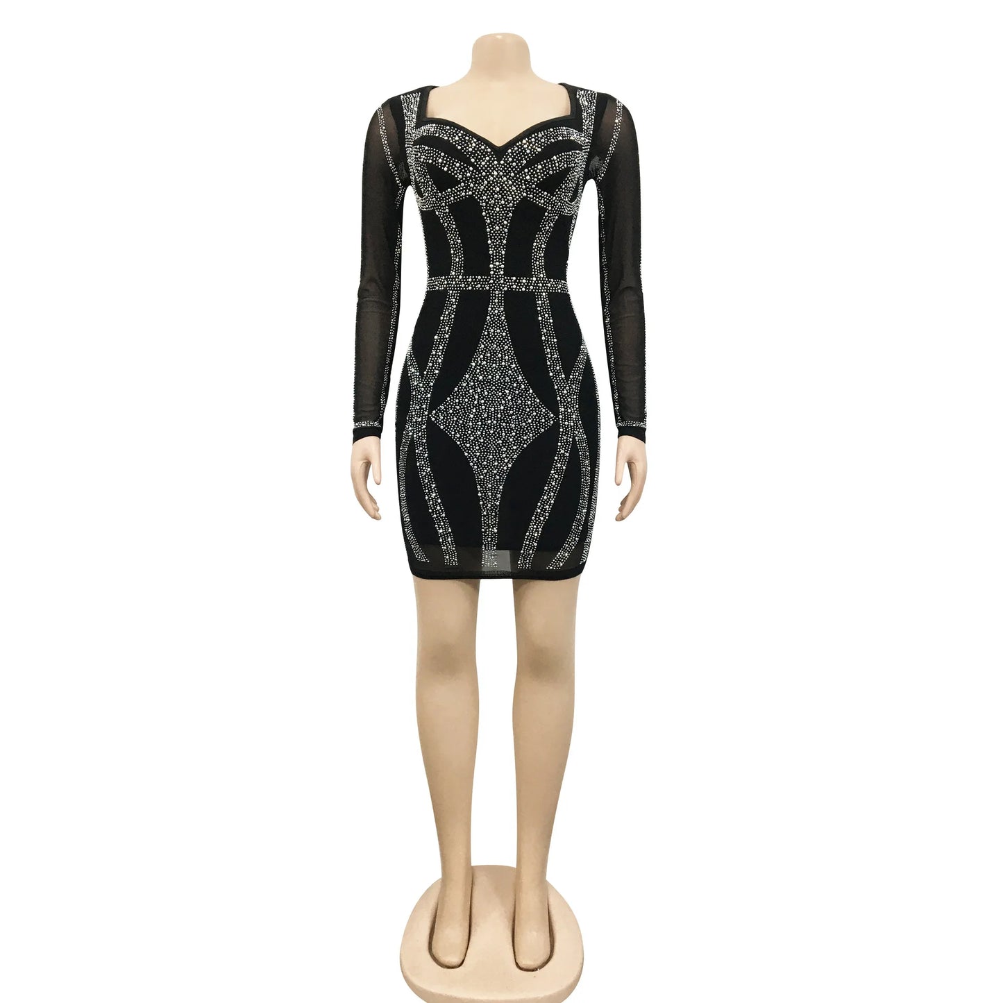 Sexy Rhinestone Sheer Mesh Bodycon Dress