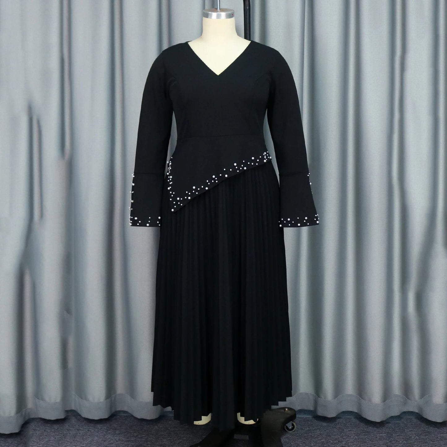 V Neck Flare Sleeve Beaded Pleated Ankle Length Dress