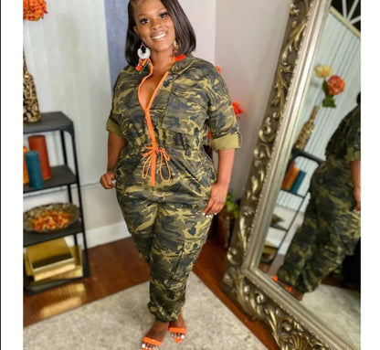 Plus Size S-5XL Camouflage Cargo Pants Pockets Zipper Outfit Romper