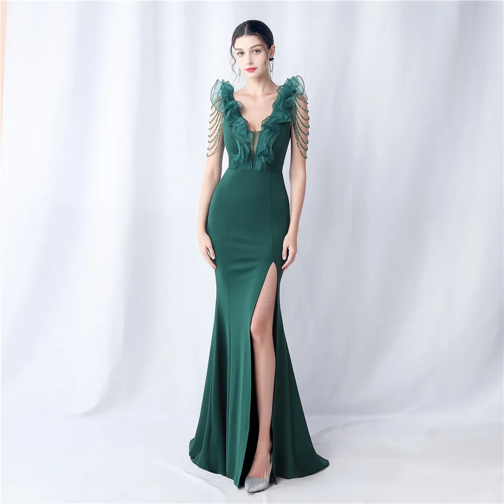 Mermaid Slit Deep V Neck Formal Dress with Beads