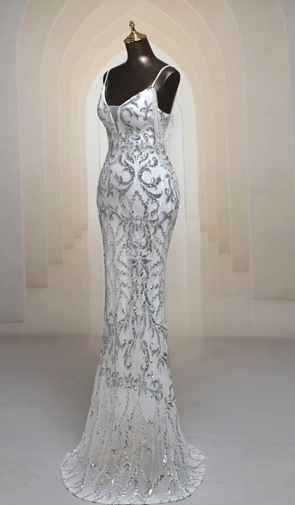 Sexy shoulder beading silver Mermaid Evening dress