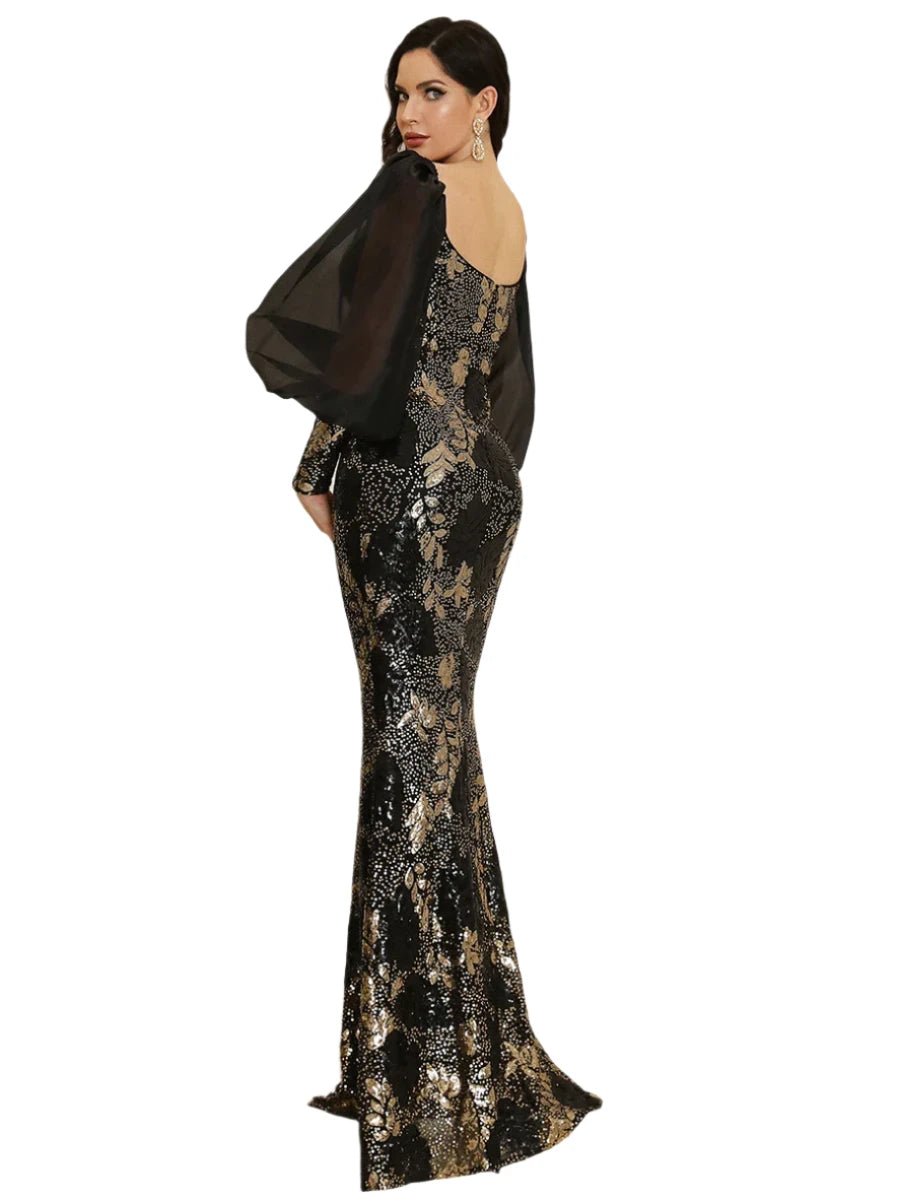 Elegant Black Print Sequin Evening Dress