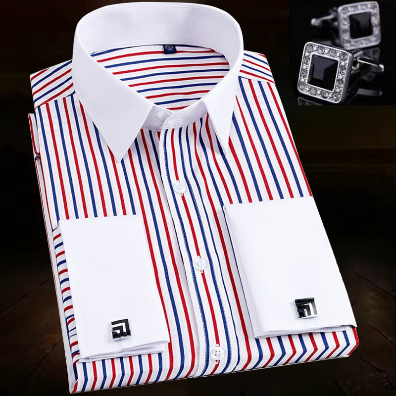 French Cuff Button Long Sleeve Slim Fit Dress Shirt for Men