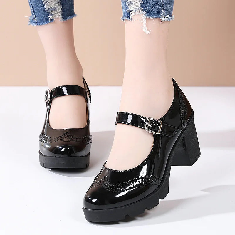 Mary Janes Brogue High Square Heel Round Toe Patent Leather Wedge Shoes