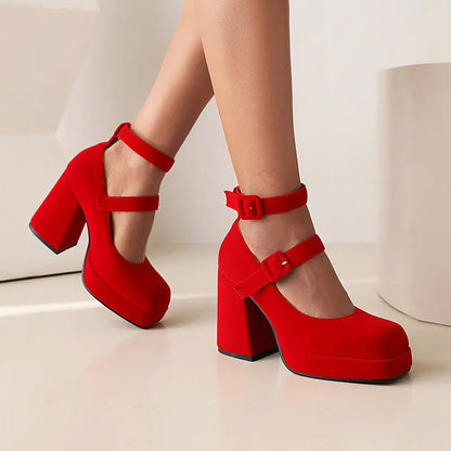 PU and Velvet Square Toe Double Buckle Strap Platform Mary Janes Stiletto Chunky High Heels