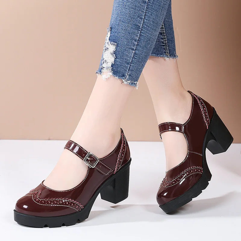 Mary Janes Brogue High Square Heel Round Toe Patent Leather Wedge Shoes