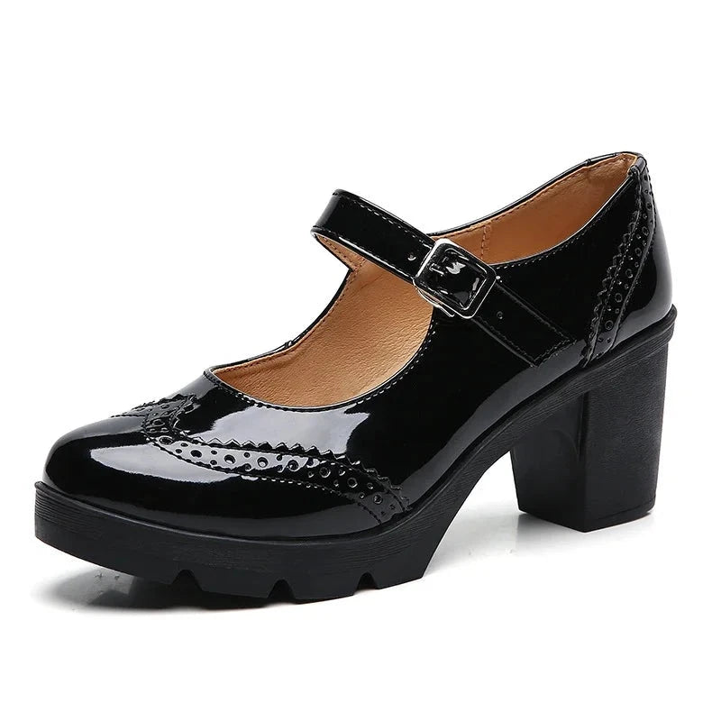 Mary Janes Brogue High Square Heel Round Toe Patent Leather Wedge Shoes