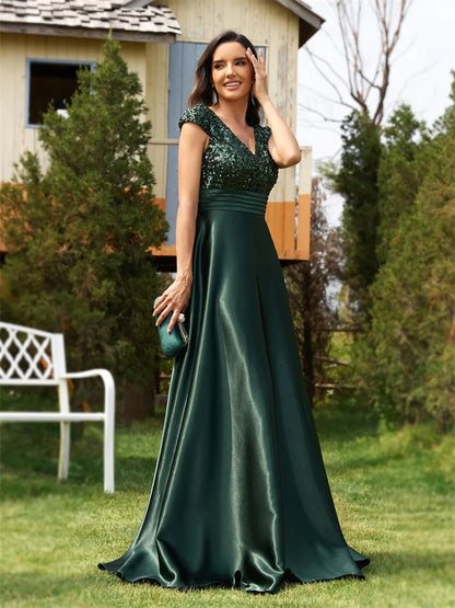 Elegant V Neck Sequin Satin Short Sleeves Cocktail Dress