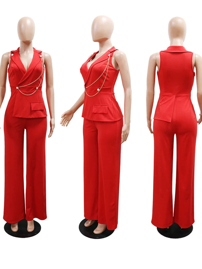 New Elegant V-neck Chain High Waist Straight Sleeveless Blazer Jumpsuit