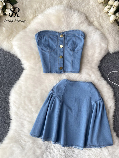 Denim Strapless Sexy Top+ Short A Line Skirt Set