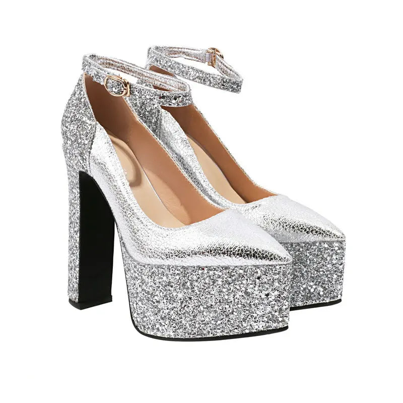 Genuine Leather Insole Sequins Glitter Platform Sexy Stiletto Mary Janes Pumps