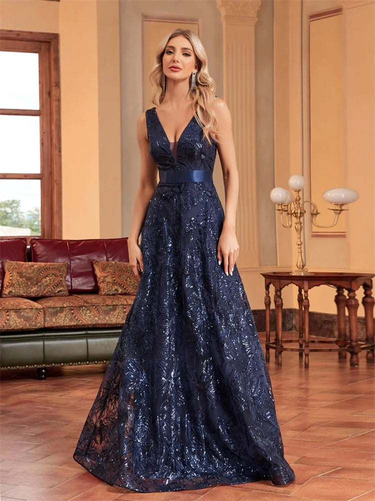 Luxury Sexy Deep V-Neck Sequins Evening Dress