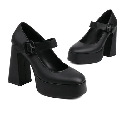 Mary Janes Wide Buckle Belt Block High Pumps