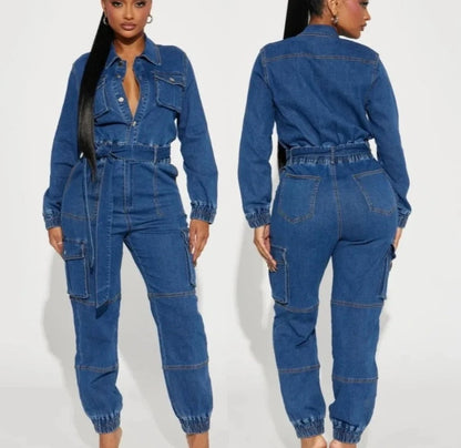 Denim Pockets Cargo Jumpsuits