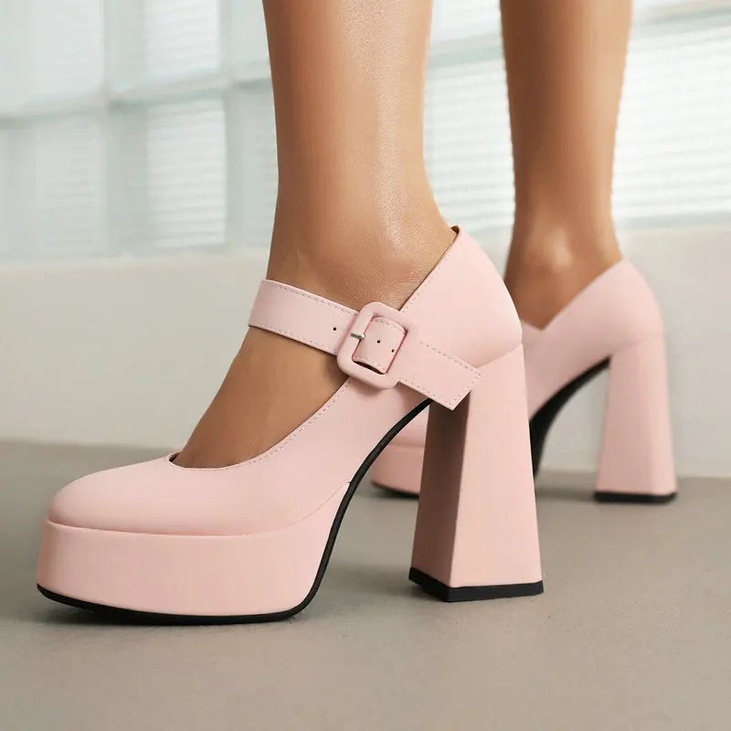 Mary Janes Wide Buckle Belt Block High Pumps