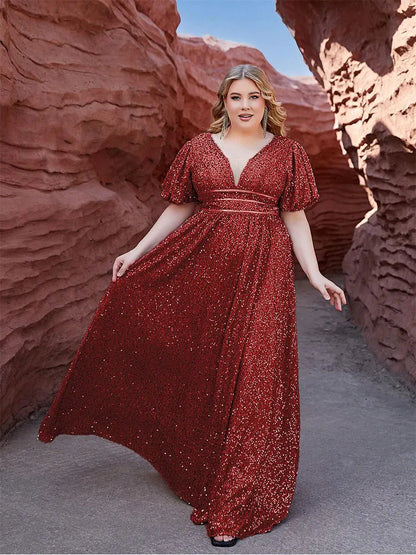 Plus Size V-Neck Short Sleeve Sequin Floor-Length Evening Dress