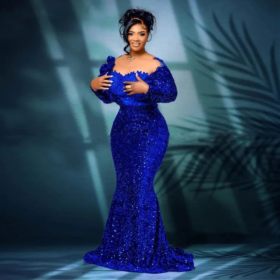 Plus Size Royal Blue Shiny Sequined Mermaid Formal Dress