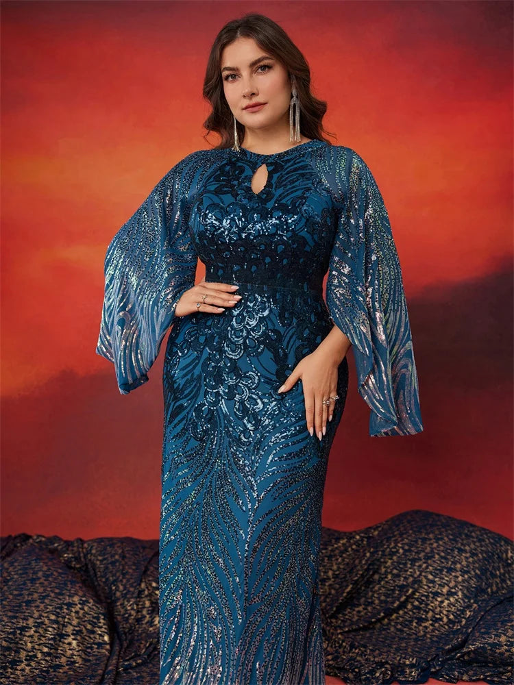 Plus Size Elegant Long Sleeves Sequins Blue Evening Dress