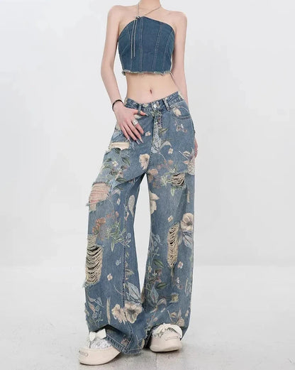 Vintage Floral Print Loose Stylish Ripped Jeans