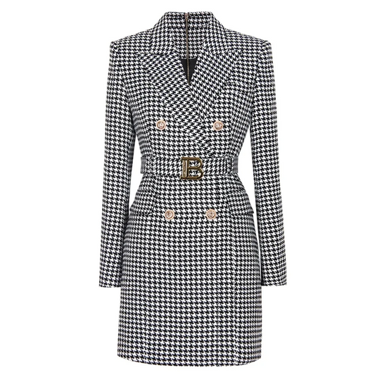 Classical Black White Bird Lattice Double-breasted Blazer Chic Dress With Belt