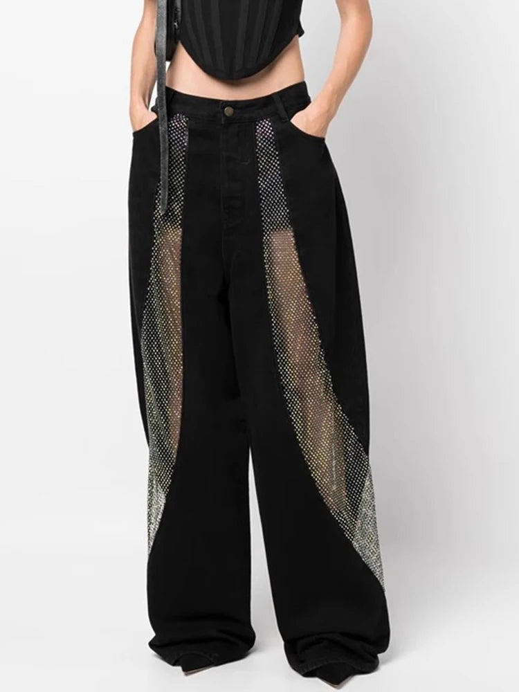 Hollow Out Perspective Grid Laser Nail Drill Pockets Wide Leg Pants