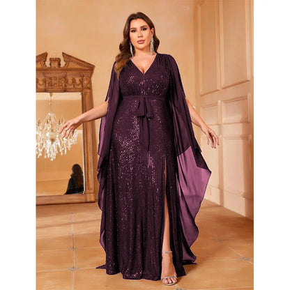 Plus Size Loose Sequined Lace Chiffon Spliced Evening Gown