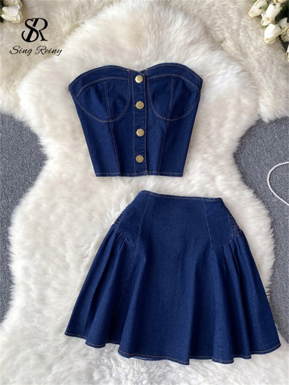 Denim Strapless Sexy Top+ Short A Line Skirt Set