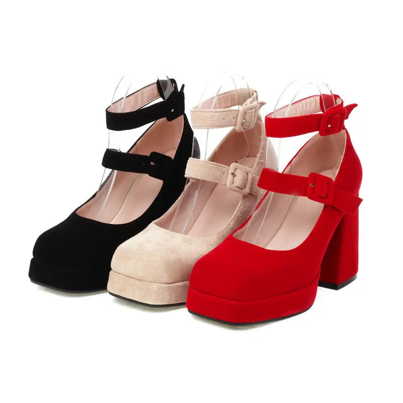 PU and Velvet Square Toe Double Buckle Strap Platform Mary Janes Stiletto Chunky High Heels