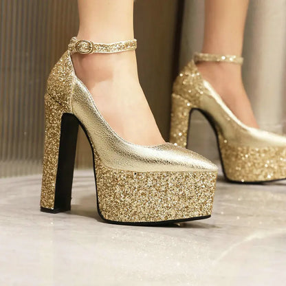 Genuine Leather Insole Sequins Glitter Platform Sexy Stiletto Mary Janes Pumps