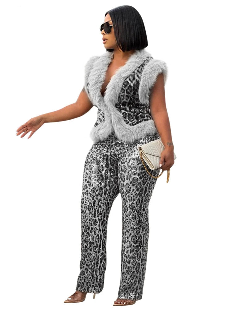 Sparkle Sequin Furry 2 Piece Pants Set