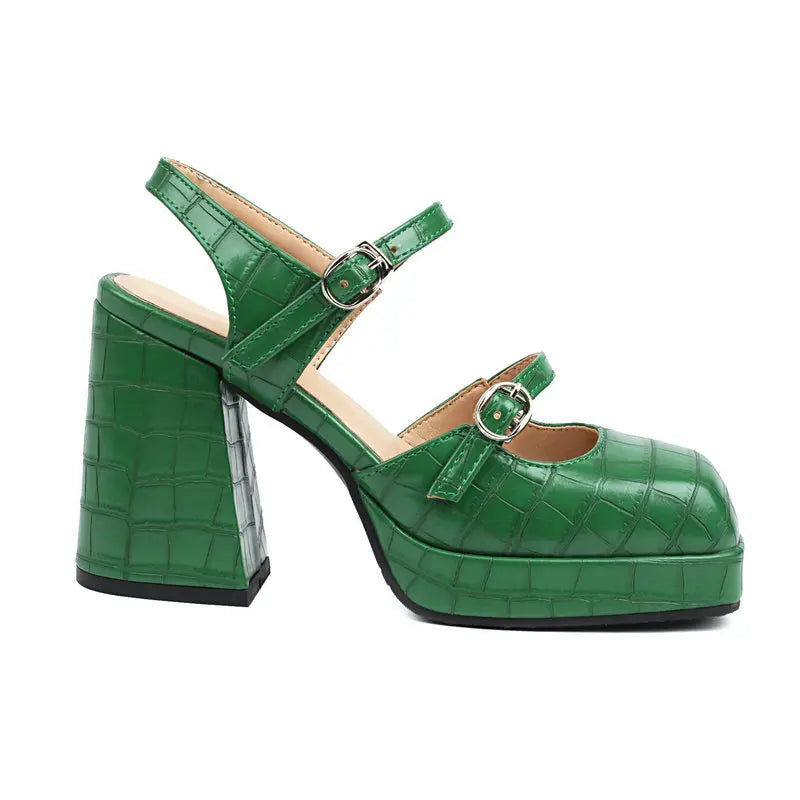 Crocodile PU Skin Double Buckle Strap Mary Janes Sandal