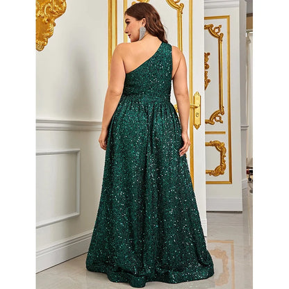 Plus Size One Shoulder Sequined Evening Gown