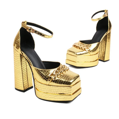 Crocodile PU Skin Shiny Metal Chain Square Toe Mary Janes Sandal