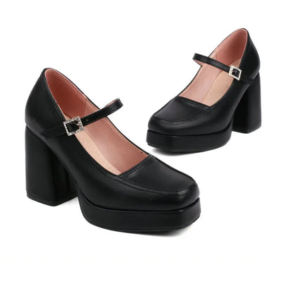 Square Closed Toe Platform Mary Janes Chunky High Heels Pump