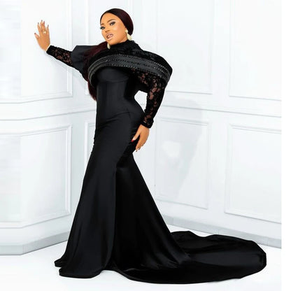 Plus Size O Neck Puffy Long Sleeves Mermaid Satin Formal party Gown