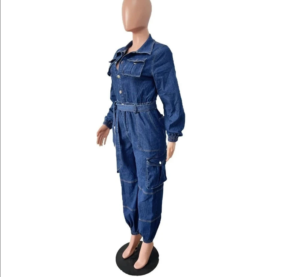 Denim Pockets Cargo Jumpsuits