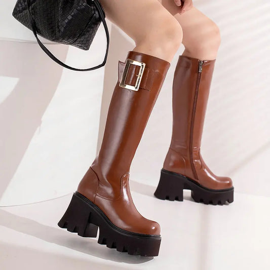 Big Buckle Warm Fleece Lined Platform Chunky High Heels Knee-High Boot