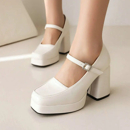 Square Closed Toe Platform Mary Janes Chunky High Heels Pump