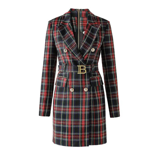 Vintage Style Plaid Slim Blazer Dress With Belt