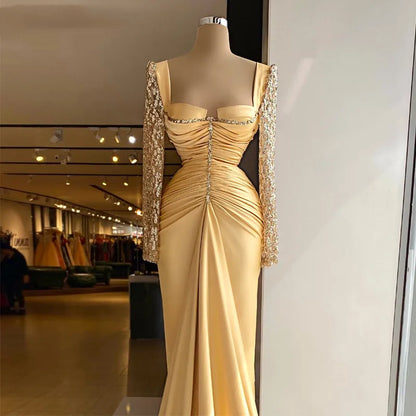 Formal Pleat Satin Saudi Arabia Sequins Long Sleeve Cocktail Party Gown